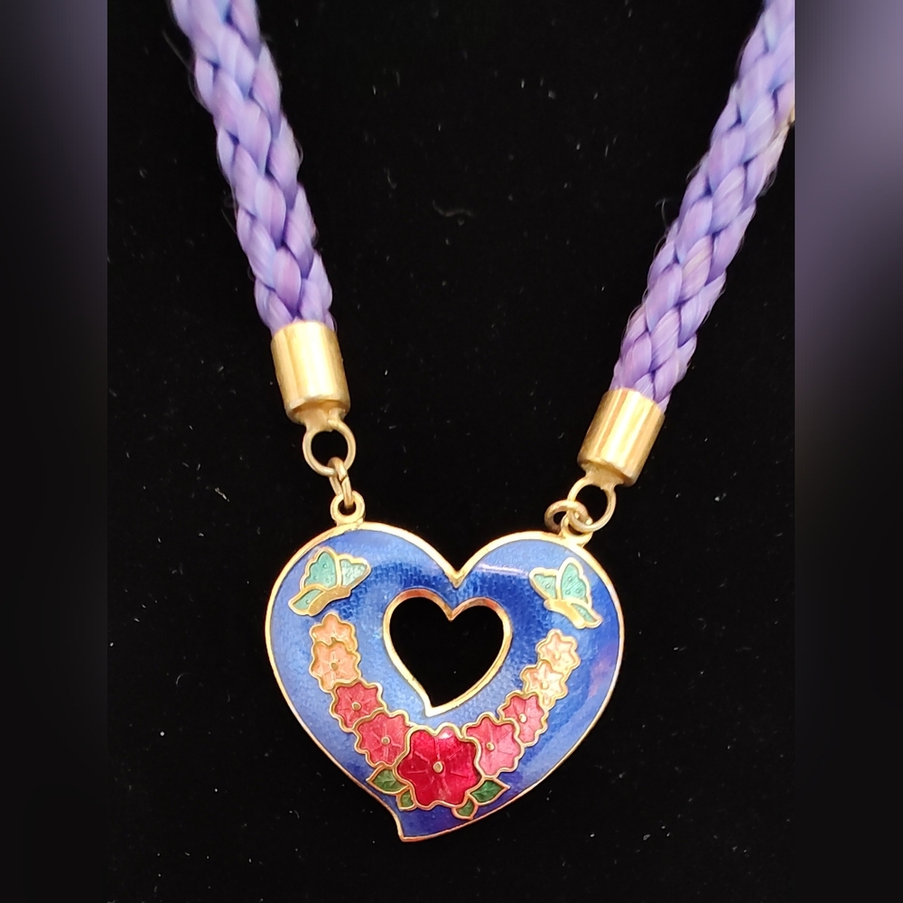 Cloisonne Blue Floral Heart Pendant Necklace with Purple Cord
